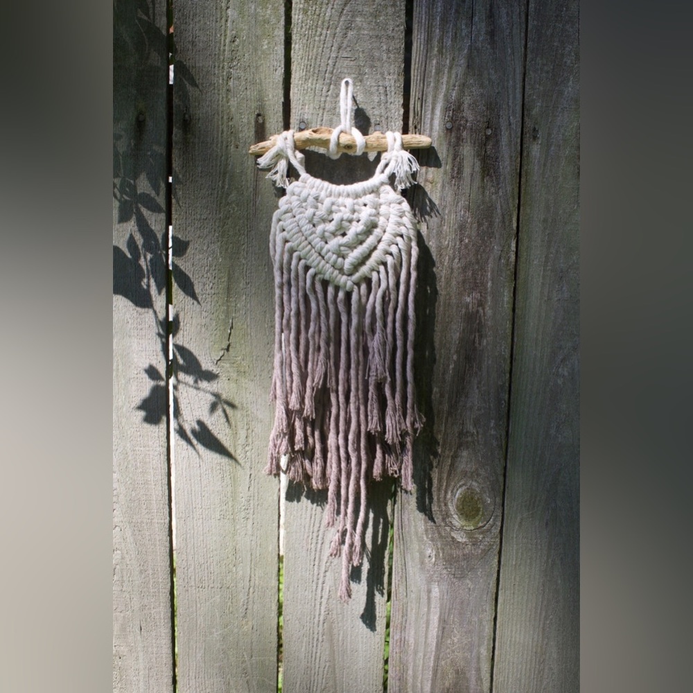 Macrame Wall Hanging - handmade, one of a kind - mauve & off white on driftwood